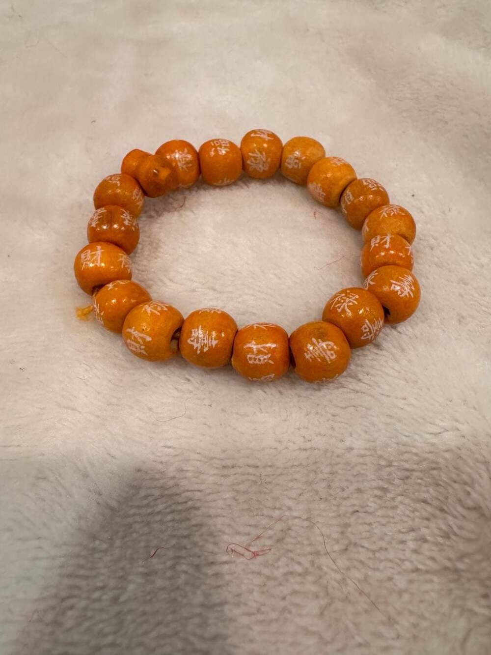 Orange Wooden Bead Stretch Bracelet With White Stamped Chinese Characters